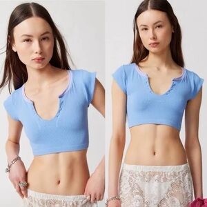 Urban Outfitters Out From Under Go For Gold Sky Blue & Pink Cropped Top Tee M/L